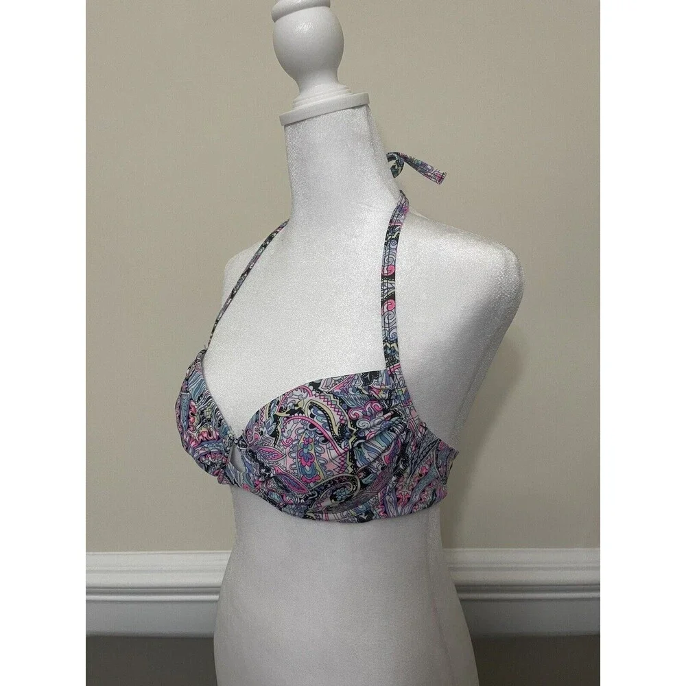 Victoria's Secret  Black Paisley Pushup 32C Bikini Top Swimwear Halter Hippie